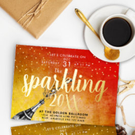 ゴージャスな輝きを放つ金赤の新年書道招待状 箔シーズンカード