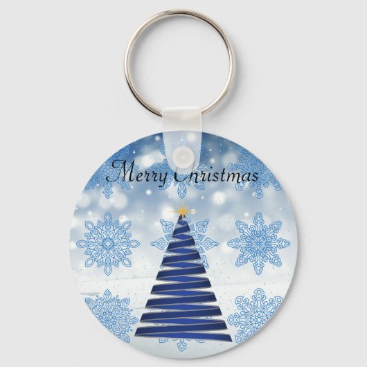 ゴージャスな青いクリスマスツリー、スノーフレーク キーホルダー (正面)