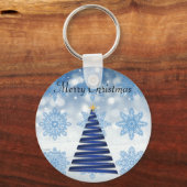 ゴージャスな青いクリスマスツリー、スノーフレーク キーホルダー (正面)