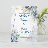 ゴージャスな青い花と金ゴールドアクセント 招待状 (スタンド正面)