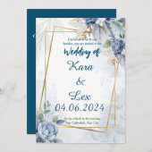 ゴージャスな青い花と金ゴールドアクセント 招待状 (正面/裏面)