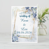 ゴージャスな青い花と金ゴールドアクセント 招待状 (スタンド正面)