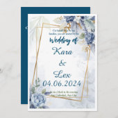 ゴージャスな青い花と金ゴールドアクセント 招待状 (正面/裏面)