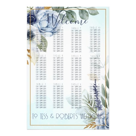 ゴージャスな青い花と金ゴールド座席表 フォトプリント            (正面)