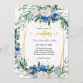 ゴージャスな青い花に魅了されたカップル結婚ズ 招待状 (正面/裏面)