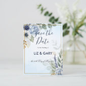 ゴージャスな青い花の日付はがきを保存 ポストカード (スタンド正面)