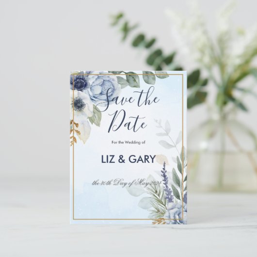 ゴージャスな青い花の日付はがきを保存 ポストカード (スタンド正面)