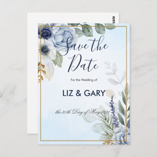 ゴージャスな青い花の日付はがきを保存 ポストカード (正面/裏面)