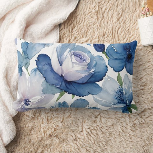 ゴージャスな青と白のフローラ ランバークッション (ブランケット)