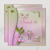 ゴージャスな靴 マグノリア＆バタフライ スウィート16 招待状 (正面/裏面)