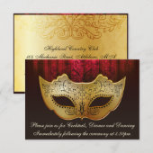 ゴージャスな飾り付けのゴールドプラム・マスカレード受付カード 招待状 (正面/裏面)