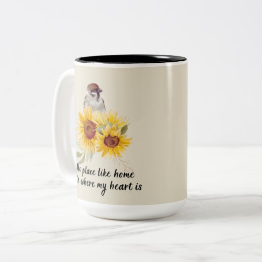 ゴージャスな鳥とヒマワリ引用文 ツートーンマグカップ (正面左)