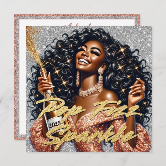 ゴージャスな黒人女性がシャンパンを開ける新年のお祝い カード (正面/裏面)