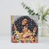 ゴージャスな黒人女性がシャンパンを開ける新年のお祝い カード (スタンド正面)