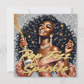 ゴージャスな黒人女性がシャンパンを開ける新年のお祝い カード (正面)
