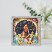 ゴージャスな黒人女性がシャンパンを開ける新年のお祝い カード (スタンド正面)