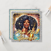 ゴージャスな黒人女性がシャンパンを開ける新年のお祝い カード (正面/裏面インサイチュ)