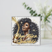ゴージャスな黒人女性がシャンパンを開ける新年のお祝い カード (スタンド正面)