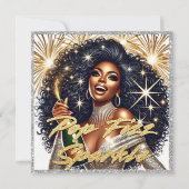 ゴージャスな黒人女性がシャンパンを開ける新年のお祝い カード (正面)