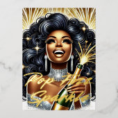 ゴージャスな黒人女性がシャンパンを開ける新年のお祝い 箔シーズンカード (正面)