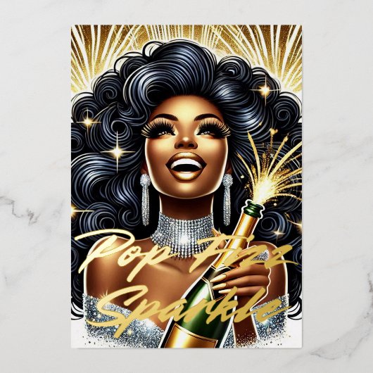 ゴージャスな黒人女性がシャンパンを開ける新年のお祝い 箔シーズンカード (正面)