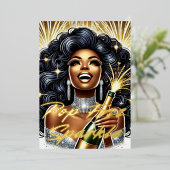 ゴージャスな黒人女性がシャンパンを開ける新年のお祝い 箔シーズンカード (立ち正面)