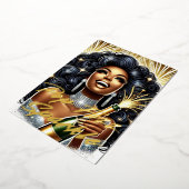 ゴージャスな黒人女性がシャンパンを開ける新年のお祝い 箔シーズンカード (回転した状態)