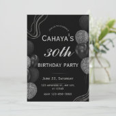 ゴージャスな30歳の誕生日 ブラック シルバー キラキラ 招待状 (スタンド正面)