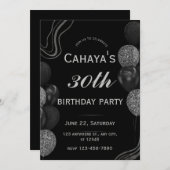 ゴージャスな30歳の誕生日 ブラック シルバー キラキラ 招待状 (正面/裏面)