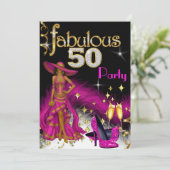 ゴージャスな50パーティーのピンクのドレスとシャンパン 招待状 (スタンド正面)