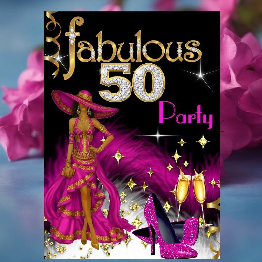 ゴージャスな50パーティーのピンクのドレスとシャンパン 招待状