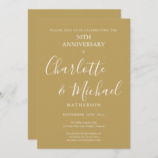 ゴージャスな50周年結婚記念日のモダンスクリプト 招待状 (正面/裏面)