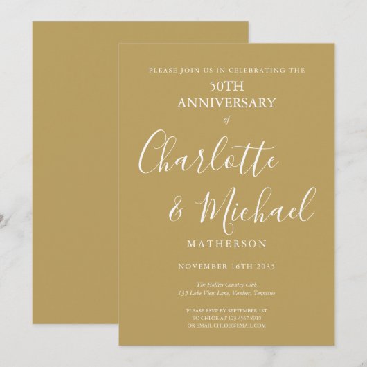 ゴージャスな50周年結婚記念日 モダンスクリプト 招待状 (正面/裏面)