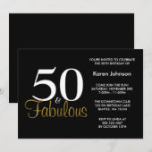 ゴージャスな50歳のブラックとゴールドの誕生日パーティー 招待状 (正面/裏面)