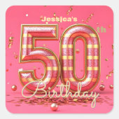 ゴージャスな50歳の誕生日 ピンクゴールドラメパーティー スクエアシール (正面)