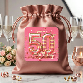ゴージャスな50歳の誕生日 ピンクゴールドラメパーティー スクエアシール