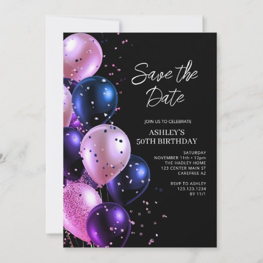 ゴージャスな50歳の誕生日Save the Date 招待状 (正面)