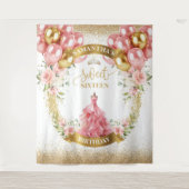 ゴージャスなSweet sixteenパーティーバナー赤面金ゴールドスパ タペストリー (正面)