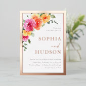 ゴージャスはっきりしたな水彩フローラ結婚のバラ金ゴールド 箔招待状 (立ち正面)