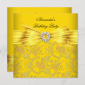 ゴージャスイエローローズダマスク誕生日パーティー 招待状 (正面/裏面)