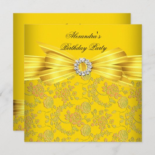 ゴージャスイエローローズダマスク誕生日パーティー 招待状 (正面/裏面)
