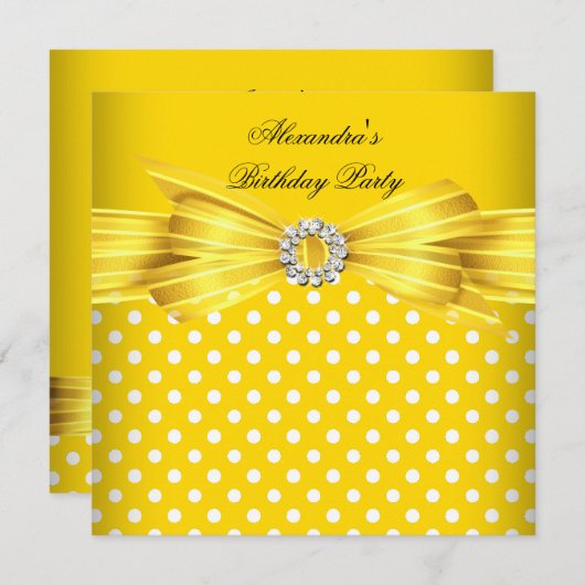 ゴージャスイエロー白水玉模様誕生会 招待状 (正面/裏面)