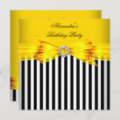 ゴージャスイエロー白黒ストライプ誕生日パーティー 招待状 (正面/裏面)