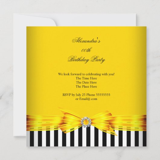 ゴージャスイエロー白黒ストライプ誕生日パーティー 招待状 (裏面)