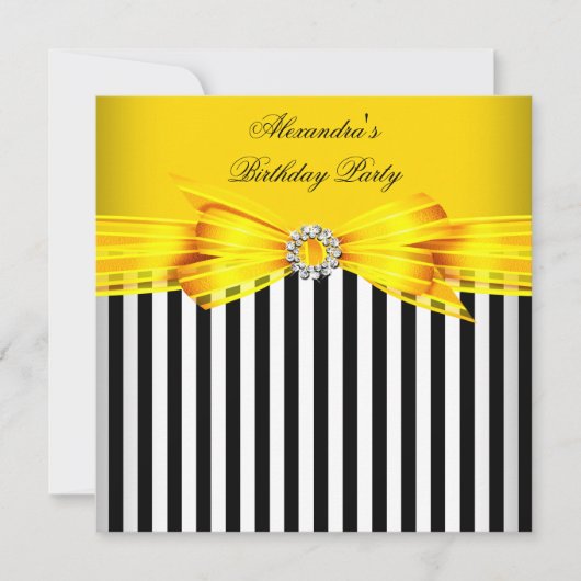 ゴージャスイエロー白黒ストライプ誕生日パーティー 招待状 (正面)