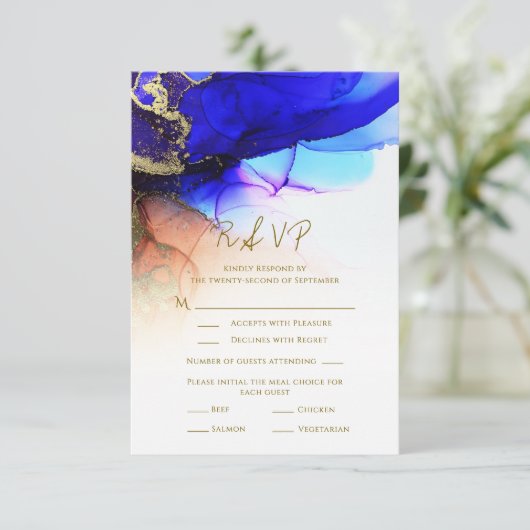 ゴージャスインディゴブルーオレンジ金ゴールドウェディングRSVPカード 出欠カード (スタンド正面)