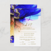 ゴージャスインディゴブルーオレンジ金ゴールドウェディングRSVPカード 出欠カード (正面/裏面)