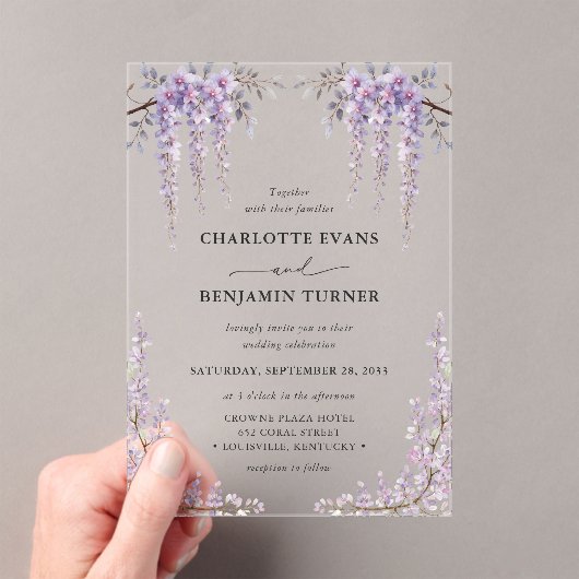 ゴージャスウォーターカラーフジテリアフローラ庭園の結婚式 アクリル招待状 (インサイチュ (ポータブル))