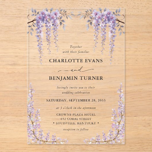 ゴージャスウォーターカラーフジテリアフローラ庭園の結婚式 アクリル招待状 (正面)