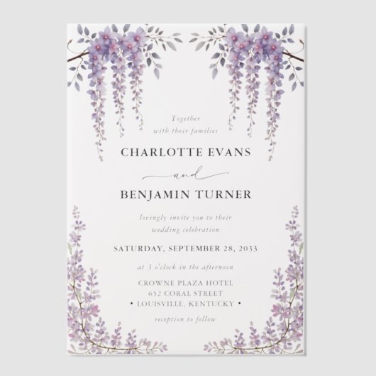 ゴージャスウォーターカラーフジテリアフローラ庭園の結婚式 ベラム紙招待状 (正面)